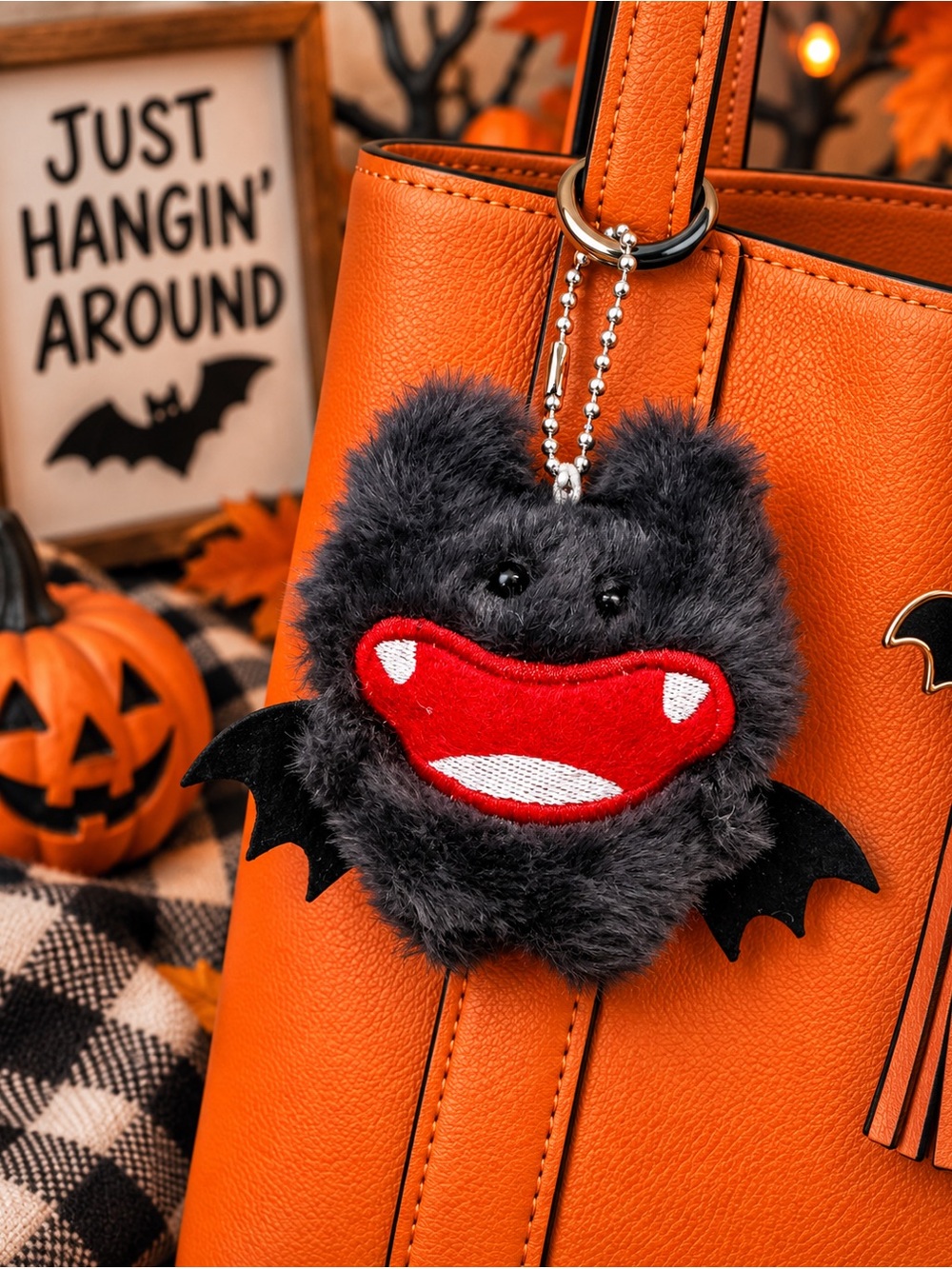 Black Fluffy Bat Plush Bag Charm Keychain Red Mouth Halloween New